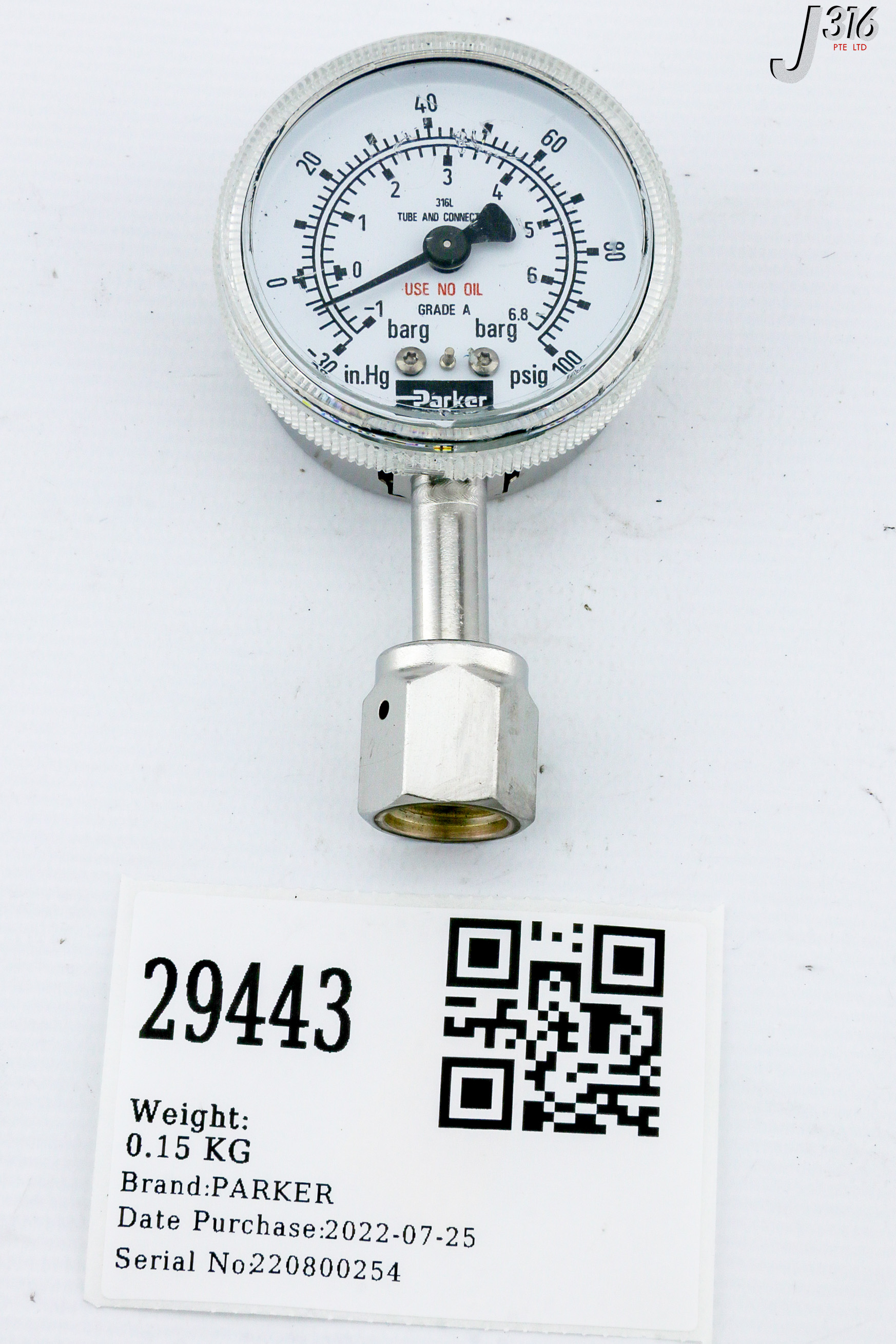 29443 Parker Pressure Gauge 30 100 Psig 316l Tube And Connection